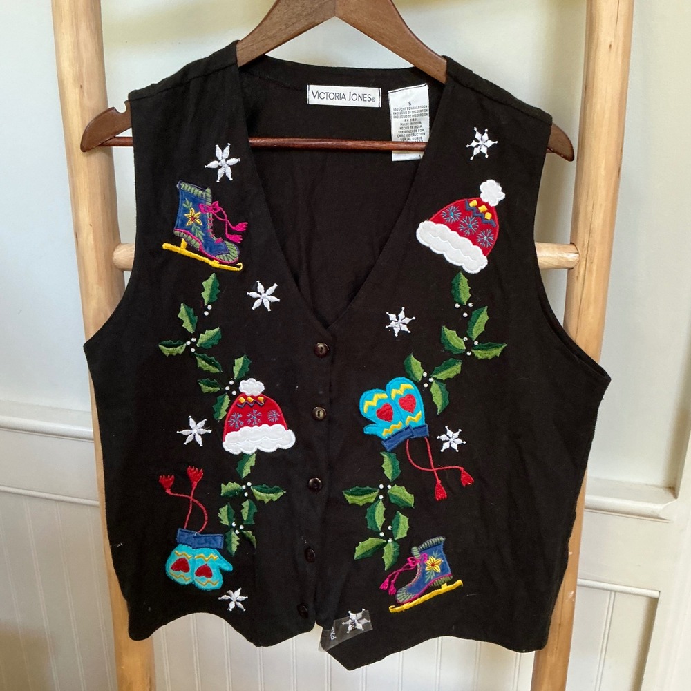 Victoria Jones Vintage Christmas Vest Black Cotton Embroidered Winter Small